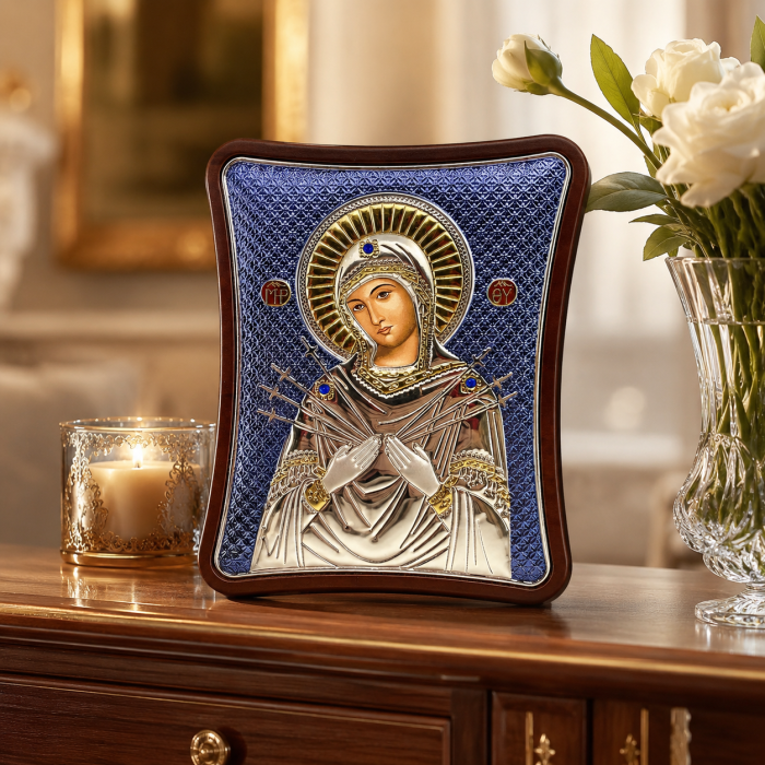 Icoana Fecioara Maria Blue cu 7 Săgeți placată cu argint – cadou spiritual pentru familie - Made in Grecia - 12,5 x 15,5 cm [2]