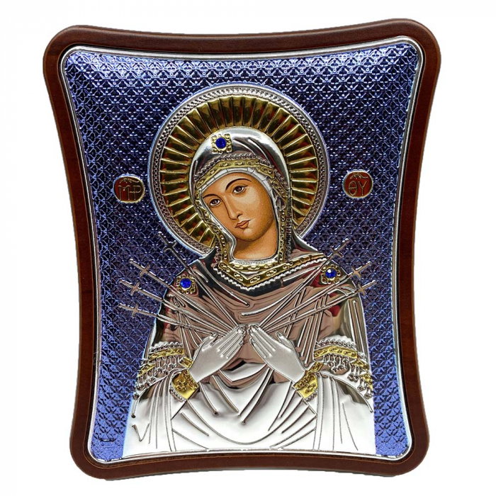 Icoana Fecioara Maria Blue cu 7 Săgeți placată cu argint – cadou spiritual pentru familie - Made in Grecia - 12,5 x 15,5 cm [3]