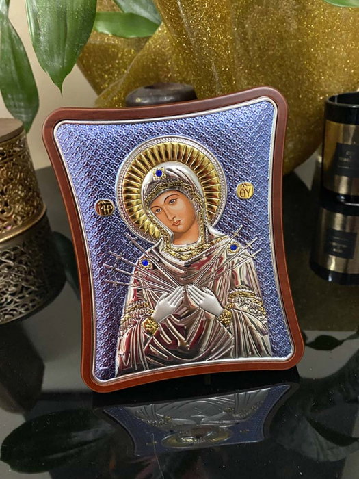 Icoana Fecioara Maria Blue cu 7 Săgeți placată cu argint – cadou spiritual pentru familie - Made in Grecia - 12,5 x 15,5 cm [5]