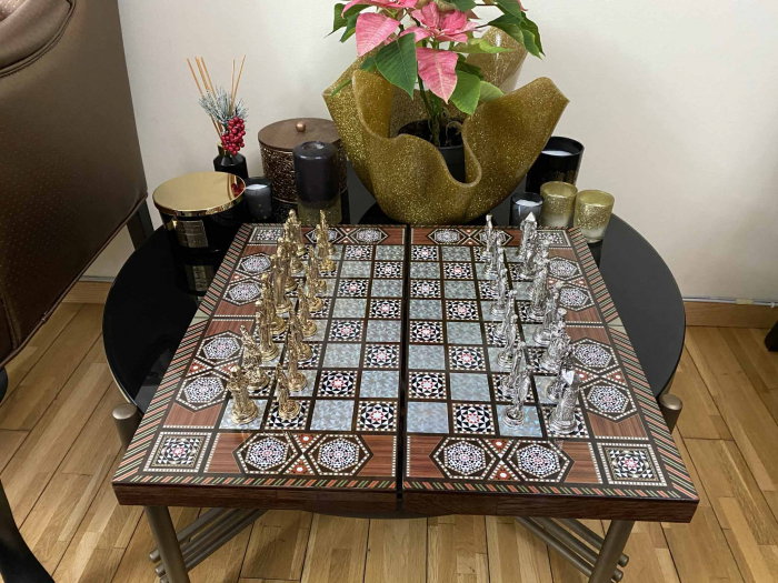 Joc de SAH si TABLE model sidef, piese sah din metal AURII/ARGINTII sculptate manual, calitate premium [14]
