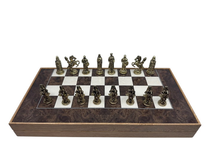 Joc de Șah și Table – Set Deluxe cu Piese din Metal Auriu/Argintiu Sculptate Manual [12]