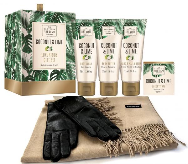 Luxurious Gift Esarfa Casmir, Mănuşi Piele naturală & Cosmetice Coconut & Lime Scottish Fine Soaps - personalizabil [1]