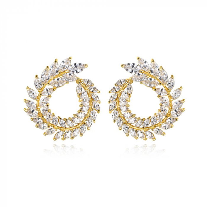 Olive Branch Leaf Marquise Cut Diamonds Gold Cercei by Borealy [1]