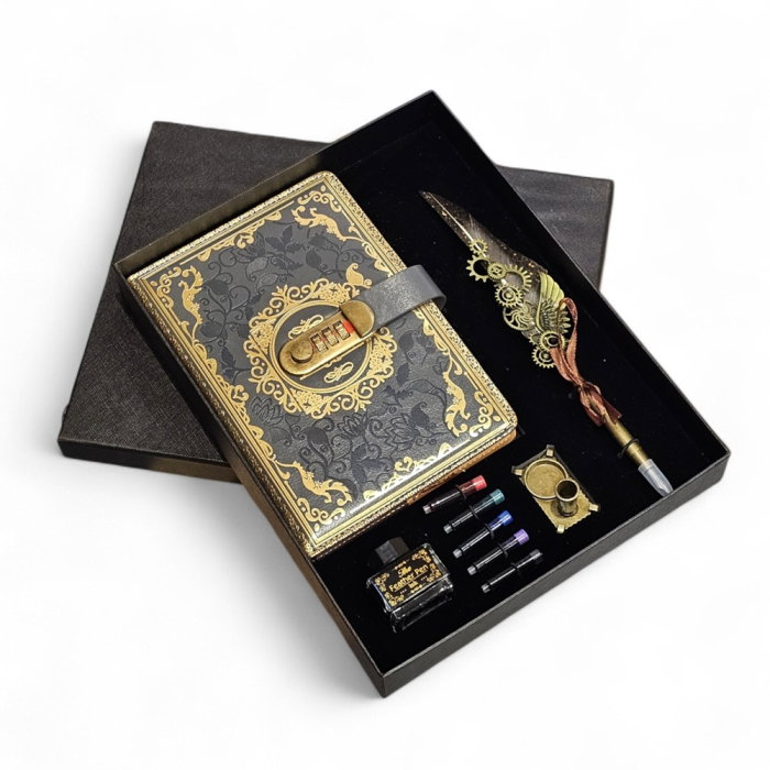 Set Cadou Vintage cu Jurnal cu Cifru, Stilou cu Pană și Călimară [5]