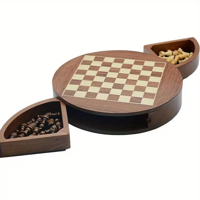 Set Șah Rotund din Lemn Masiv – Design Elegant cu Sertare Laterale [7]