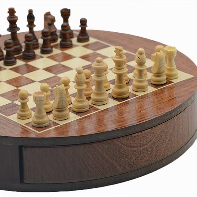 Set Șah Rotund din Lemn Masiv – Design Elegant cu Sertare Laterale [6]