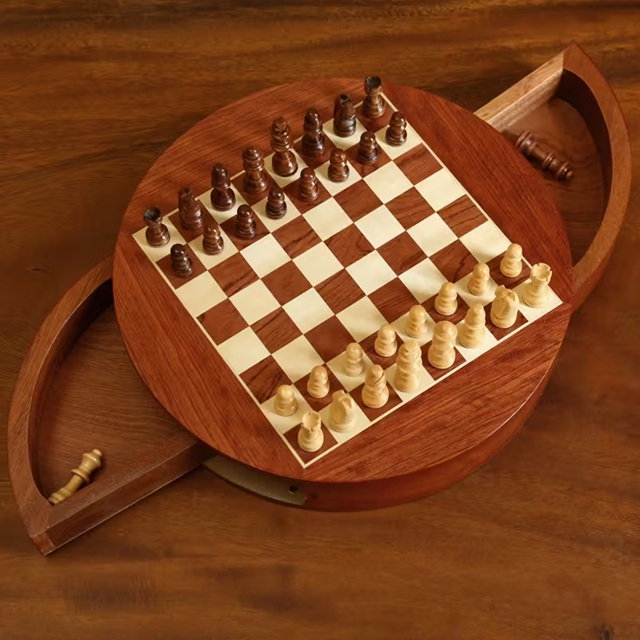 Set Șah Rotund din Lemn Masiv – Design Elegant cu Sertare Laterale [1]