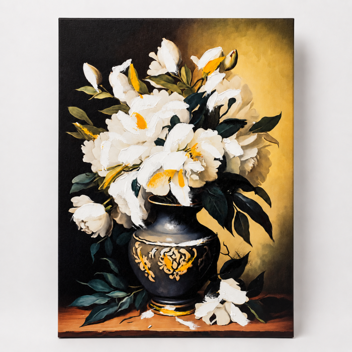 Tablou decorativ Canvas cu flori albe în vază, 50 x 70 cm – decor elegant pentru living, dormitor sau hol [5]