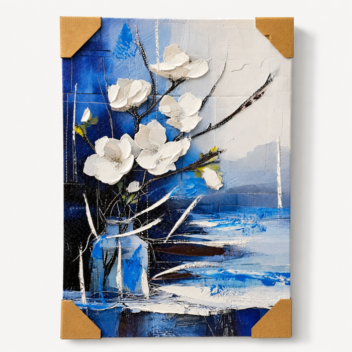 Tablou decorativ abstract cu flori albe și accente albastre cadou elegant pentru bărbați [4]