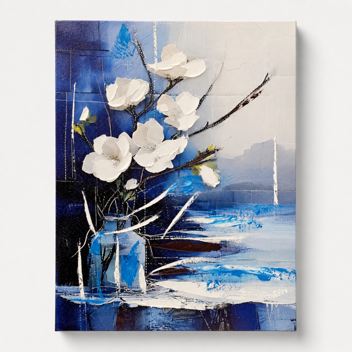 Tablou decorativ abstract cu flori albe și accente albastre cadou elegant pentru bărbați [3]
