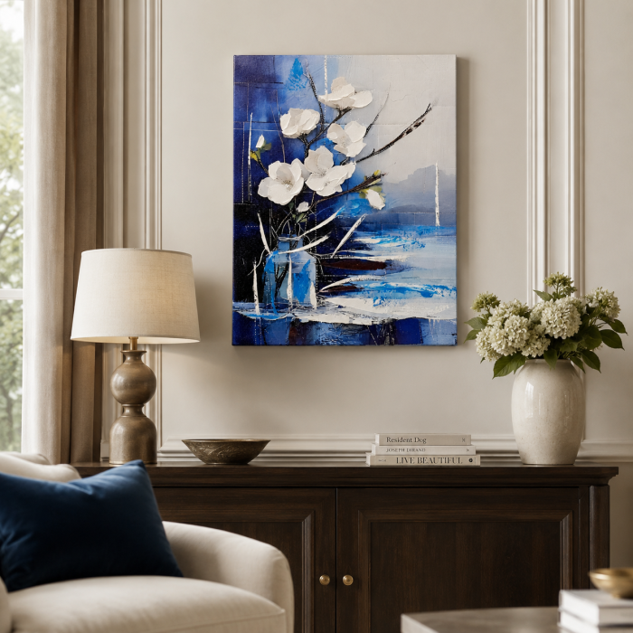 Tablou decorativ abstract cu flori albe și accente albastre cadou elegant pentru bărbați [5]