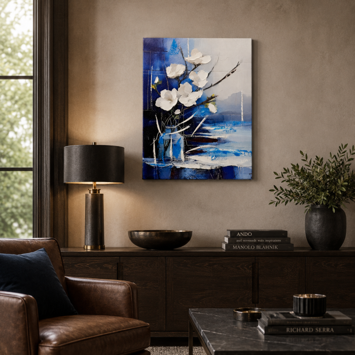 Tablou decorativ abstract cu flori albe și accente albastre cadou elegant pentru bărbați [2]