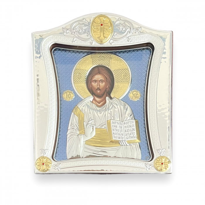 Icoana Iisus Hristos Blue placata cu Argint 21 x 26 cm  Made in Meteora [1]