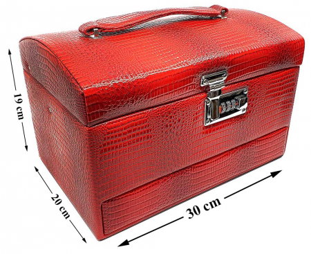 Cutie de bijuterii XL roșie Secret Red Croco cu trei niveluri, oglindă și sertar [3]