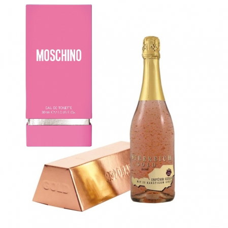 Cadou Rose Gold Luxury Şampanie - cu foiţă de aur 23 karate & Parfum Moschino Fresh Pink Couture 30 ml [0]