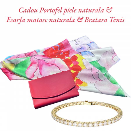 Cadou Lady Red Portofel Piele Naturala, Esarfa Matase Naturala si Bratara Tennis [0]