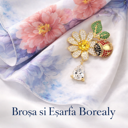 Broșă elegantă Floare si Buburuză & Cadou Esarfa Matase & Mini Gentuta [2]