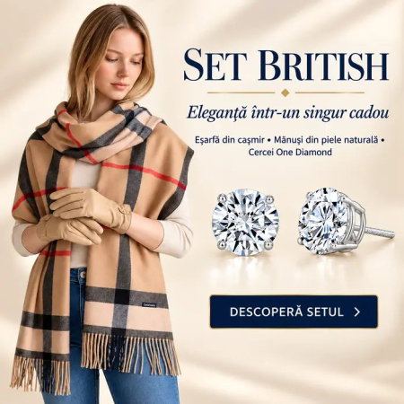 Cadouri pentru Ea – Idei Speciale pentru Femei Importante - Set cadou femei British cu eșarfă din cașmir, mănuși bej din piele naturală și cercei One Diamond