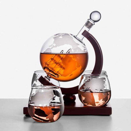 Cadou Luxury Decantor cu Patru Pahare Glob World & Suport Lemn Kitchen [2]