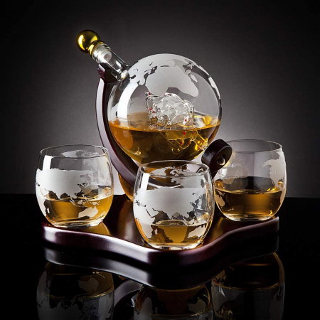 Cadou Luxury Decantor cu Patru Pahare Glob World & Suport Lemn Kitchen [0]