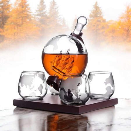 Cadou Luxury Decantor cu Patru Pahare Glob World & Suport Lemn Kitchen [1]