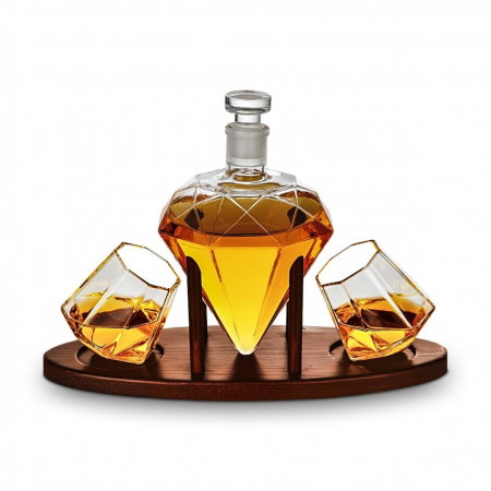 Cadou Decantor Diamant Sticla, 2 Pahare si Suport din Lemn [3]