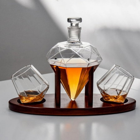 Cadou Decantor Diamant Sticla, 2 Pahare si Suport din Lemn [2]