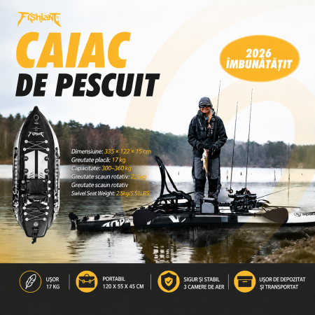 Cadouri aniversare - Caiac Gonflabil pentru Pescuit 2026 cu Scaun Rotativ 360°, Suporturi Lansete și Accesorii Incluse
