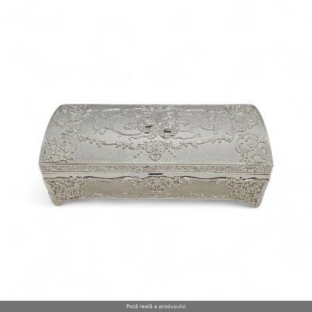 Cutii Bijuterii - Casetă argintată cu medalion floral și interior din catifea, 22,5 cm