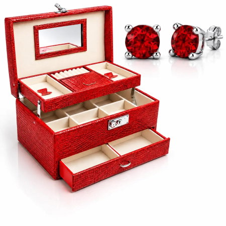 Cadouri Femei – Idei Elegante și Cadouri Premium pentru Ea - Cutie de bijuterii XL roșie Secret Red Croco cu trei niveluri, oglindă și sertar