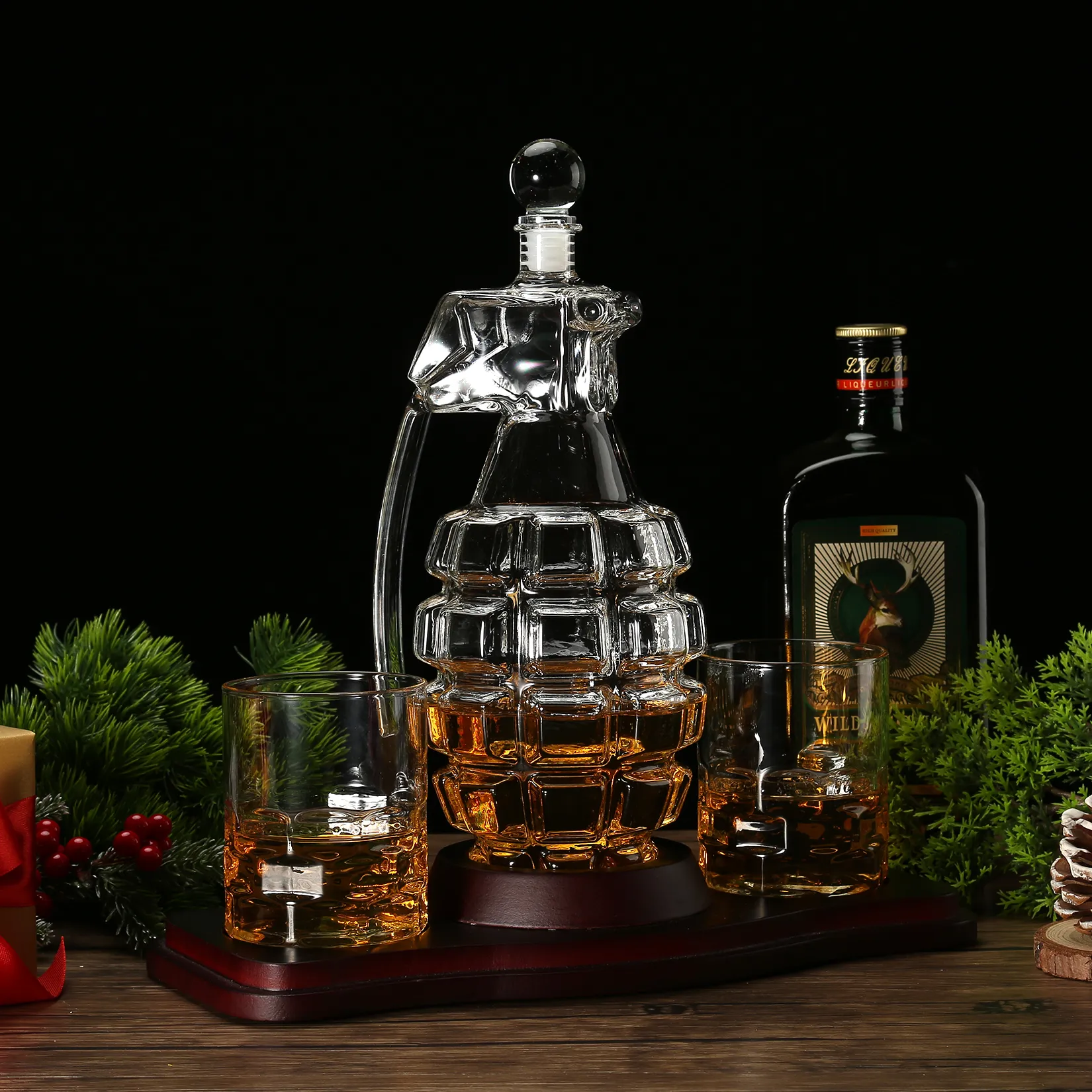 Decantor Grenada + 2 Pahare fara model & Suport Lemn [2]