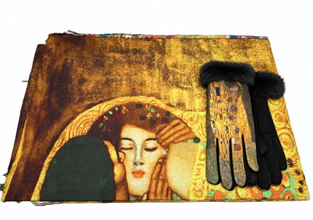 Cadouri de Craciun Pentru Femei - Set cadou pentru femei Klimt „The Kiss” Eșarfă din casmir și mănuși