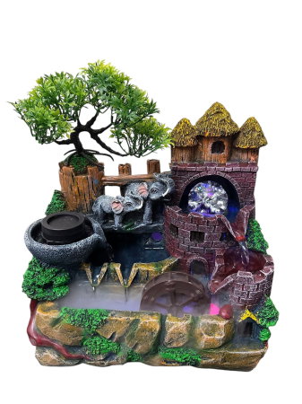 Fântână Feng Shui Elefanți & Castel Medieval cu LED și Abur [0]