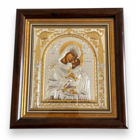 Cadouri aniversare - Icoana Fecioara Maria cu pruncul Iisus placata cu argint & Geam - Made in Grecia - 17 cm x 15,5 cm