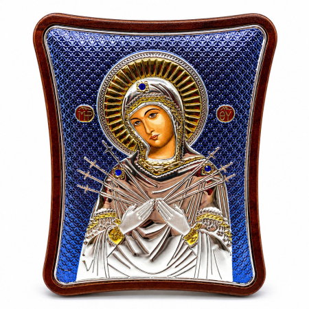 Cadouri Femei – Idei Elegante și Cadouri Premium pentru Ea - Icoana Fecioara Maria Blue cu 7 Săgeți placată cu argint – cadou spiritual pentru familie - Made in Grecia - 12,5 x 15,5 cm