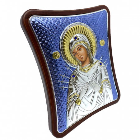 Icoana Fecioara Maria Blue cu 7 Săgeți placată cu argint – cadou spiritual pentru familie - Made in Grecia - 12,5 x 15,5 cm [3]