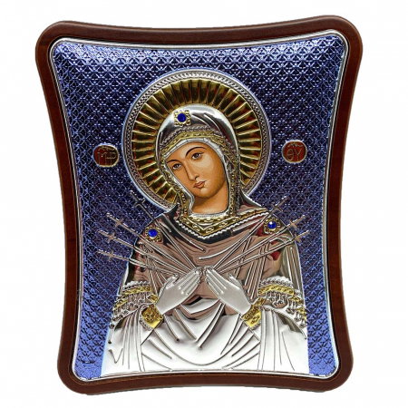 Icoana Fecioara Maria Blue cu 7 Săgeți placată cu argint – cadou spiritual pentru familie - Made in Grecia - 12,5 x 15,5 cm [2]