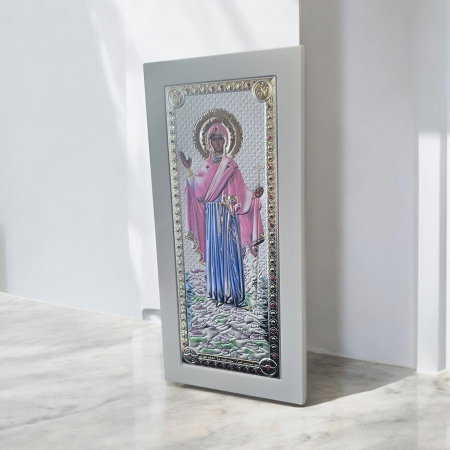 Icoane & Cadouri Religioase - Icoana Maicii Domnului Athos Alba Argint Made in Greece