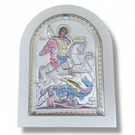 Cadouri Sfanta Maria - Icoana Sfantul Gheorghe placata cu aur si cu argint  Made in Greece - Meteora 15 cm x 21 cm