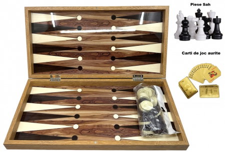 Cadouri aniversare - Joc Table si Sah - model Natural Wood, calitate premium + Piese de Sah + Carti de joc aurite