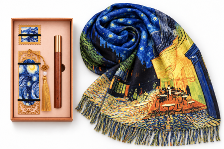Set cadou Van Gogh – Eșarfă „Terasa cafenelei noaptea”, semn de carte „Noapte înstelată” și instrument de scris [1]