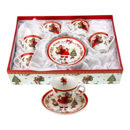Cadouri pentru Directori - Set 6 cesti + 6 farfurii in forma de brad, cu motive de Craciun, in cutie cadou