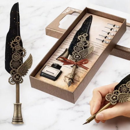 Cadouri Femei – Idei Elegante și Cadouri Premium pentru Ea - Set Cadou Caligrafie Vintage cu Pana si Accesorii - Negru - Gri