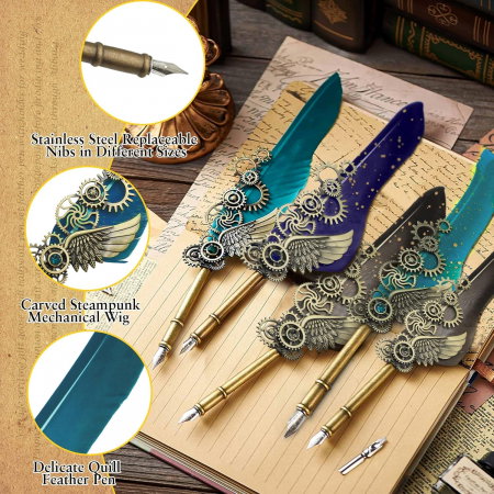 Set Cadou Caligrafie Vintage cu Pana si Accesorii - Negru - Gri [2]