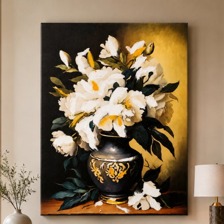 Tablou decorativ Canvas cu flori albe în vază, 50 x 70 cm – decor elegant pentru living, dormitor sau hol [0]