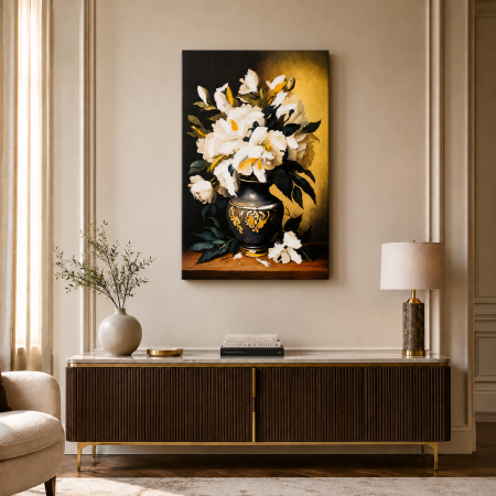 Tablou decorativ Canvas cu flori albe în vază, 50 x 70 cm – decor elegant pentru living, dormitor sau hol [1]