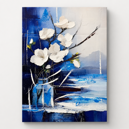 Tablou decorativ abstract cu flori albe și accente albastre cadou elegant pentru bărbați [5]