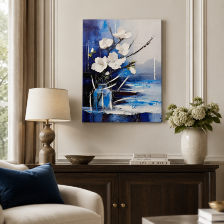 Tablou decorativ abstract cu flori albe și accente albastre cadou elegant pentru bărbați [4]