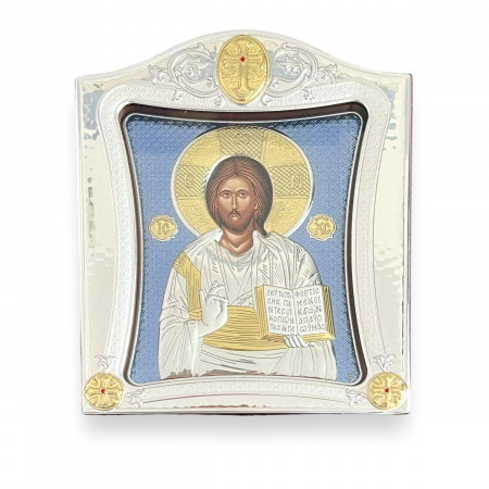 Cosuri Paste - Icoana Iisus Hristos Blue placata cu Argint 21 x 26 cm  Made in Meteora