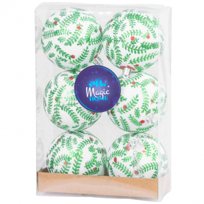Set 6 globuri pentru bradul de Craciun, MagicHome albe mate, cu crengute de brad, 8 cm [1]